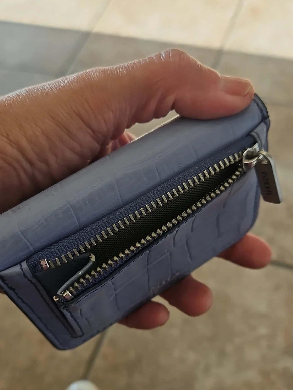 Fossil Light Blue Croc-Embossed Card Holder Keychain